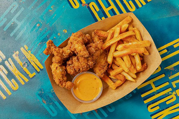 Overhead view of tenders and fries
