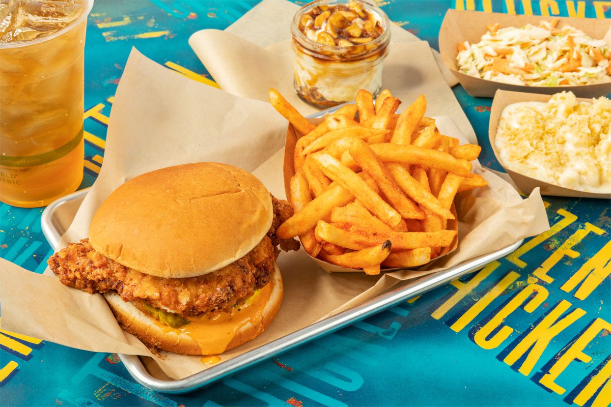 Chicken sandwich, fries and dessert